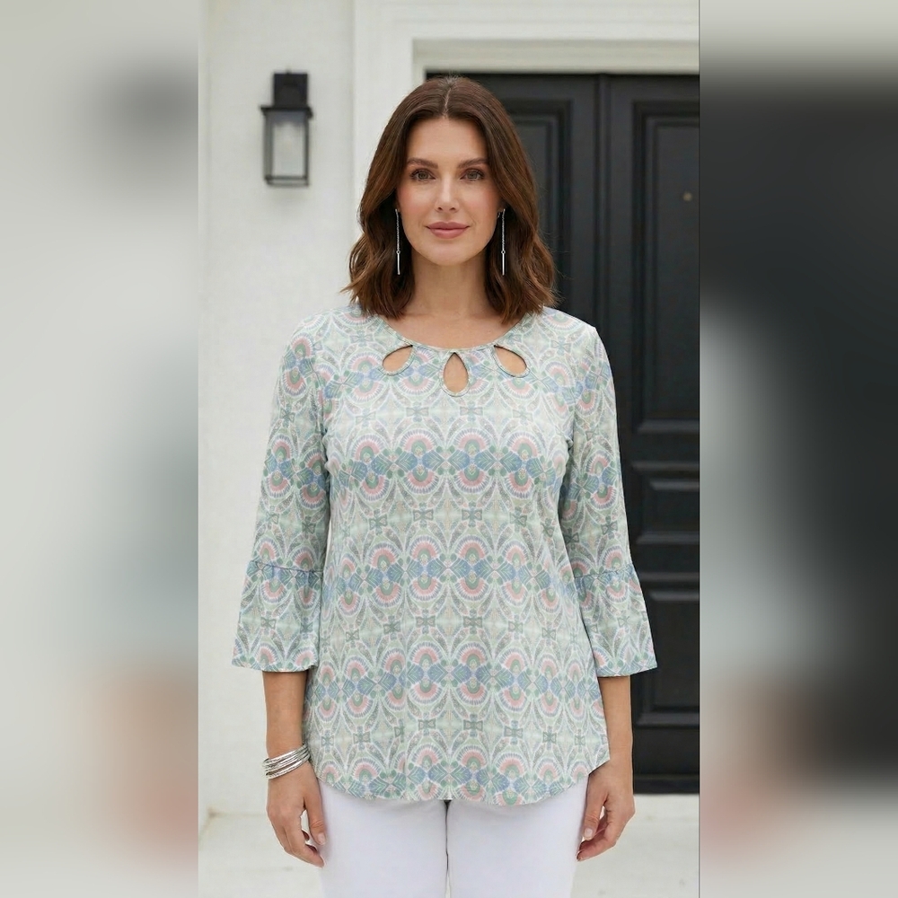 Pastel Keyhole‎ Printed Tunic Top - Mint Multi 3X